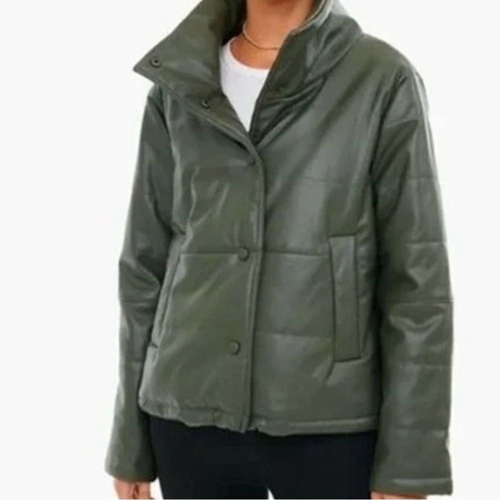 Pomander Place Tuckernuck Olive Faux Leather Puffer Jacket Coat Olive Green
